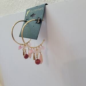 G By Gennaro Gold Tone Half Hoop Earrings with Pink Dangle Bead Accents NWT